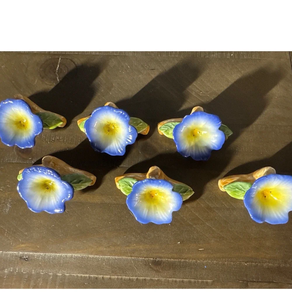 Vintage 1985 Pia Bone China Blue Morning Glory Napkin Rings Set of 6 Floral